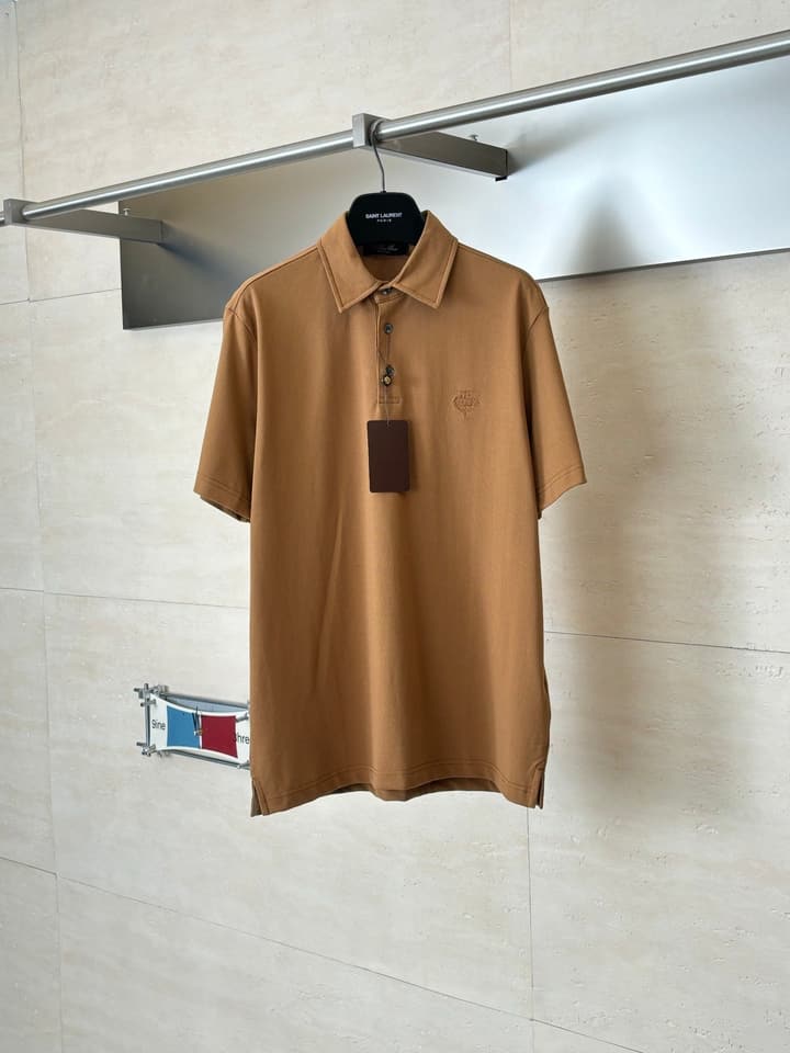 Loro Piana LP Logo Embroidered Pique Cotton Polo Shirt in Dark Brown