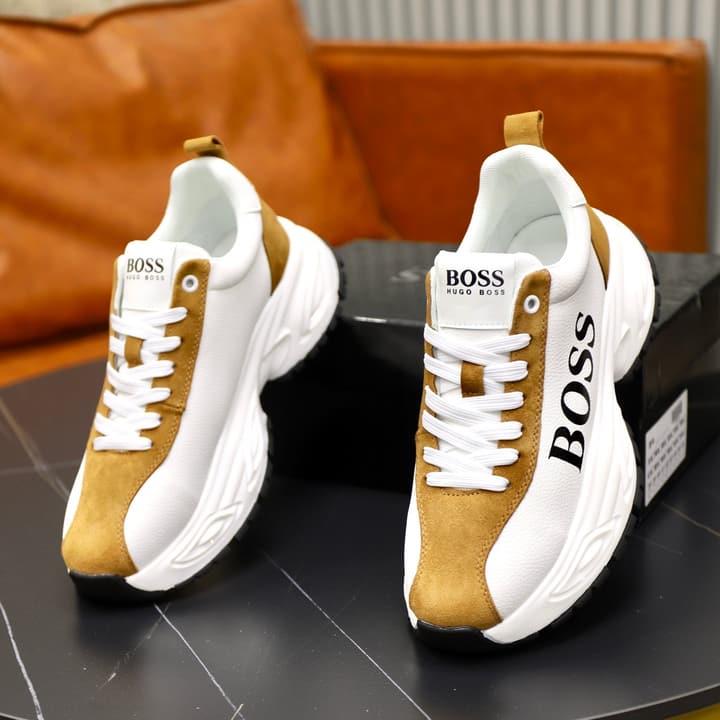 Boss Men's Luxury Running Sneakers in Black Mesh With White Sole