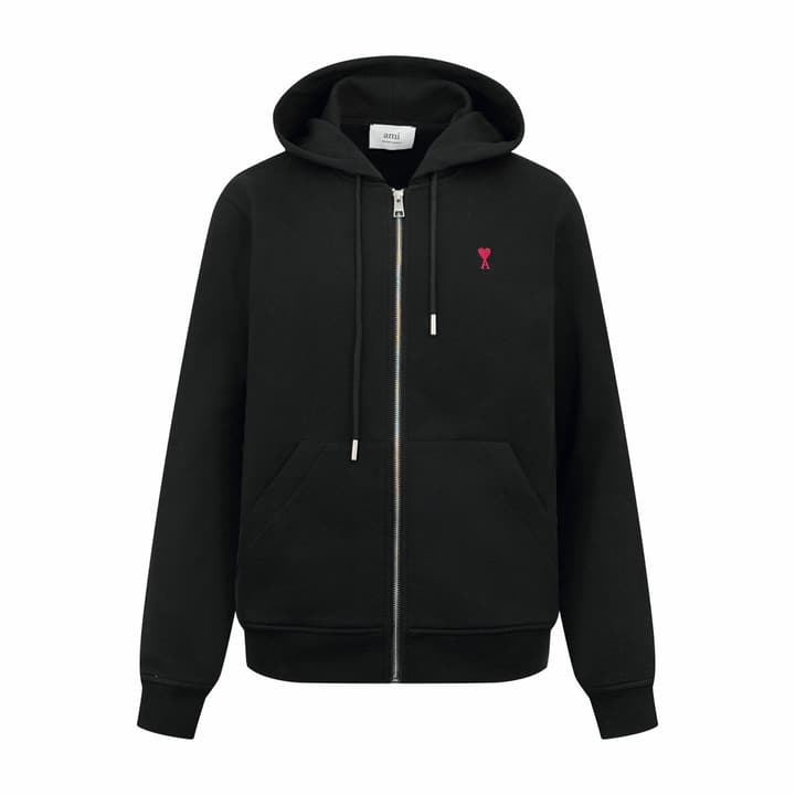 Ami Paris Heart Embroidery Zip Jacket in Black With Red Heart Logo