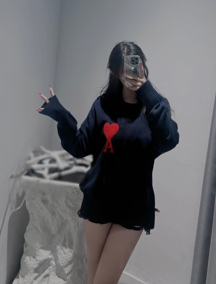 AMI Paris Heart Letter Knitted Sweater in Black With Red Heart