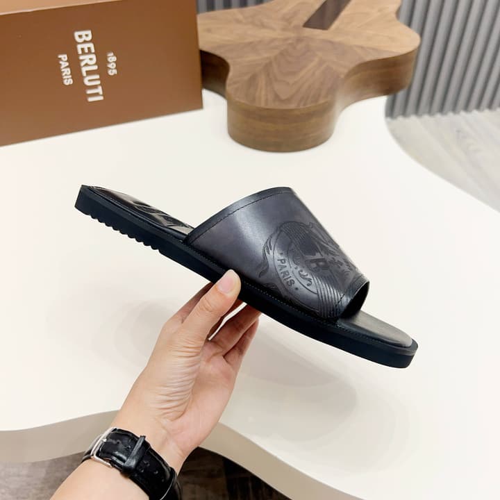 Berluti Hand-Painted Calfskin Slippers in Matte Black