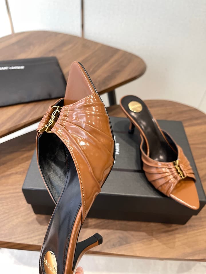 Saint Laurent Pointed Toe Stiletto Heeled Sandals – 26SS in Black - Gold Logo Plaque