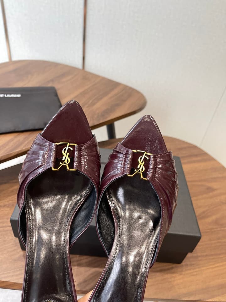 Saint Laurent Pointed Toe Stiletto Heeled Sandals – 26SS in Black - Gold Logo Plaque