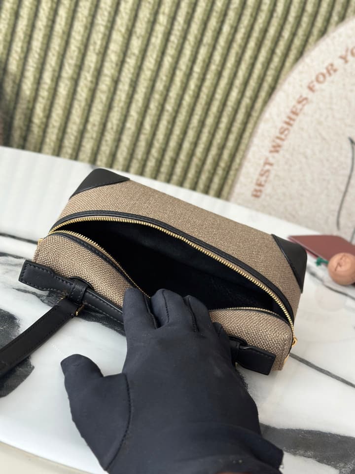 Loro Piana L19 Canvas Crossbody Bag – Spring/Summer Resort Collection in Beige Canvas With Burgundy Trim