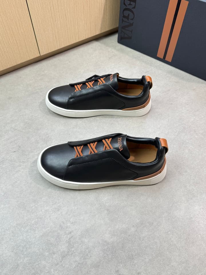 Zegna Triple Stitch Nappa Leather Slip-On Sneakers in Black