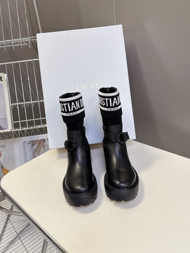 Dior Autumn/Winter Knight Knee-High Boots in Black Knit Sock Boot
