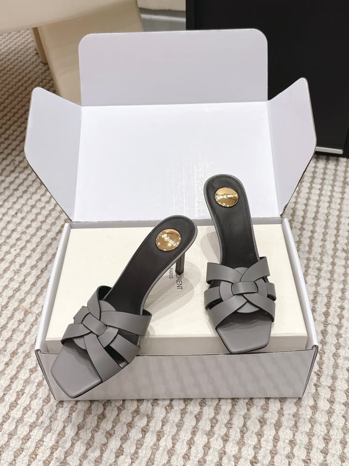 Saint Laurent Melody Square-Toe Heeled Sandals – 2026 Spring/Summer Collection in Beige Patent