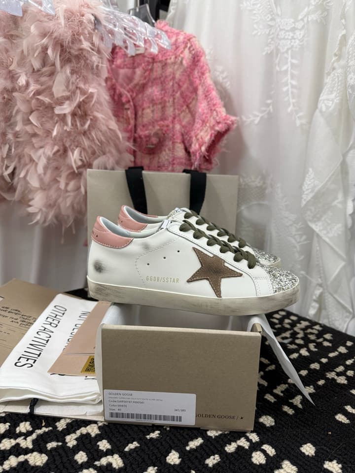 Golden Goose Super Star Rhinestone Leather Sneakers in Grey Suede Black Leather White Star