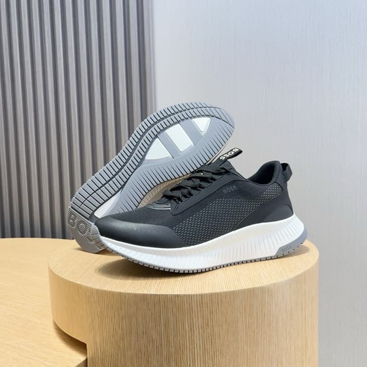 Boss Men's Layered Sport Sneakers in Black With White Sole