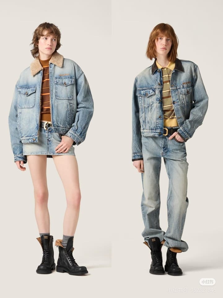 Miu Miu Washed Lambswool Embroidered Denim Jacket in Light Washed Denim With Tan Shearling
