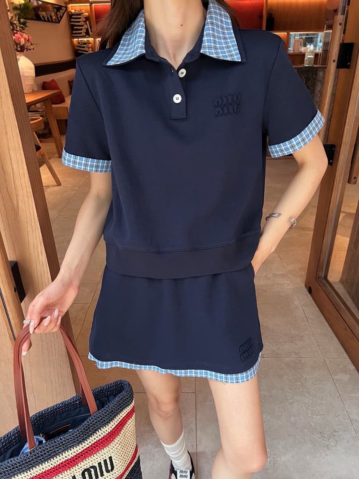Miu Miu Plaid Polo Skirt Set in Blue