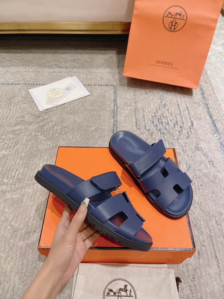 Hermès Chypre Suede Unisex Slides in Black With Dark Blue Strap