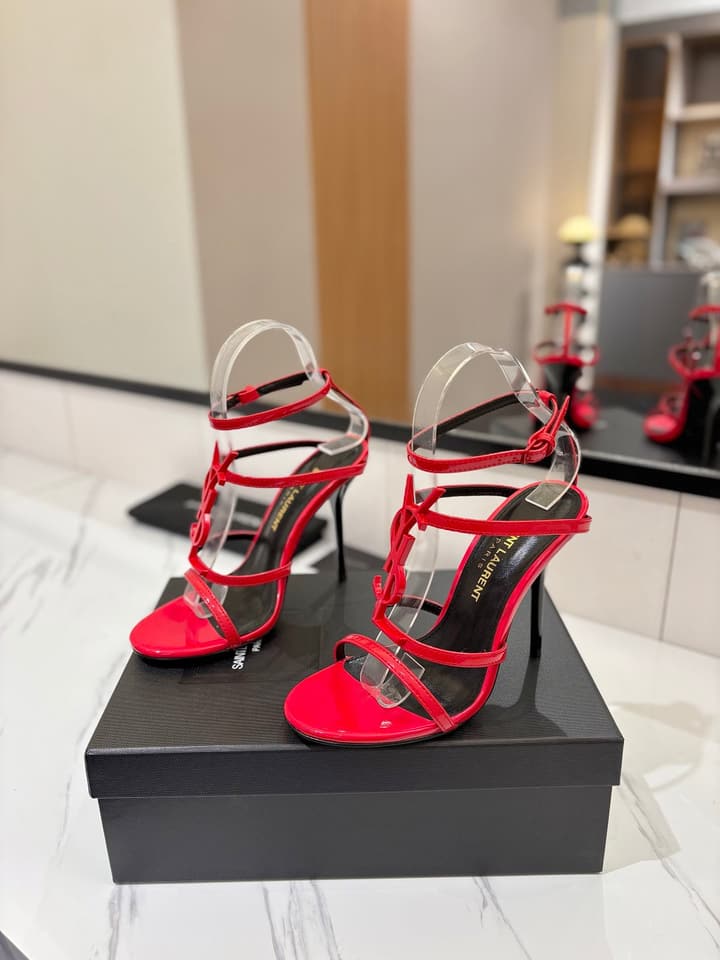 Saint Laurent YSL Logo Mirror Leather Heeled Sandals in Black With Black Logo