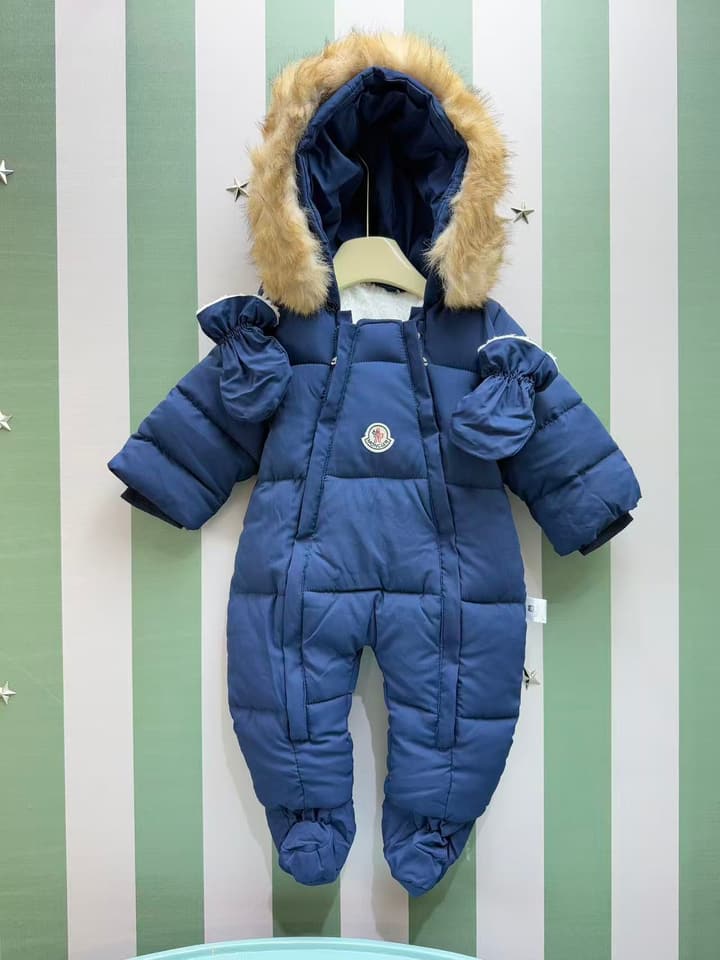 Moncler Classic Infant Padded Romper – 2025FW in Deep Blue With Fur Trim