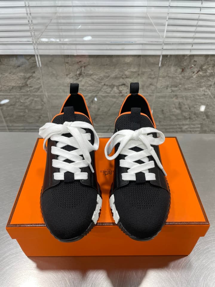 Hermès Sport Sneakers – Iconic Orange Edge in Black Knit With Black Laces
