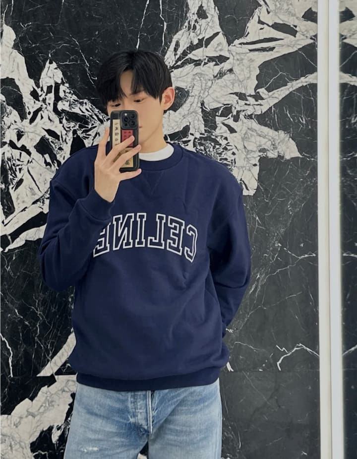 Celine Flocked Letter Pullover Sweatshirt – 2025FW in Navy Blue Folded