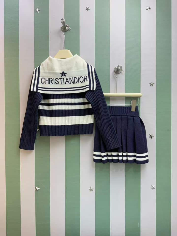 Dior Girls' Knit Cardigan and Skirt Set – 2025SS in Navy Blue With White Stripe