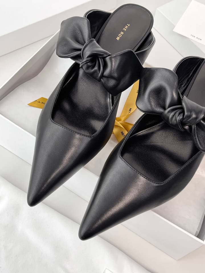 The Row Leather Bow Mules in Black Leather