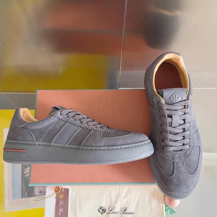 Loro Piana Newport Walk Thick Sole Sneakers in Dark Gray Suede