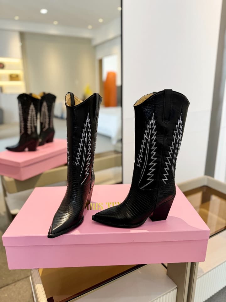 Paris Texas Suede Embroidered Knee-High Boots in All Black