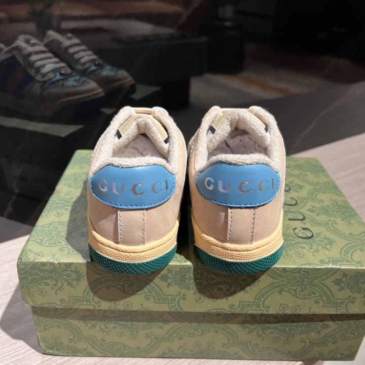 Gucci Rhyton Distressed Kids' Sneakers – Kids Collection – 2023SS in Cream With Blue Flower Design