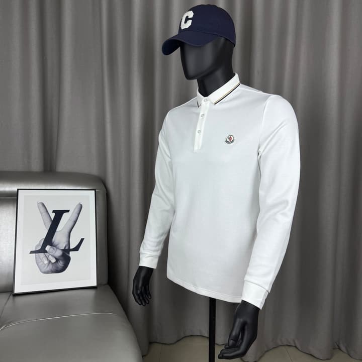 Moncler Classic Embroidered Long-Sleeve Polo Shirt in Black Polo - Hanging Display