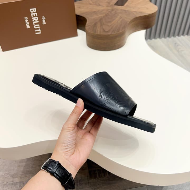 Berluti Hand-Painted Calfskin Slippers in Matte Black