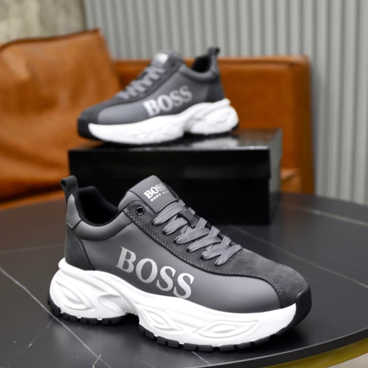 Boss Men's Luxury Running Sneakers in Black Mesh With White Sole