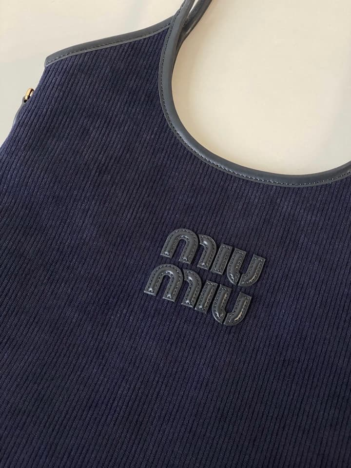 Miu Miu Corduroy Tote Bag in Navy Blue Corduroy Tote