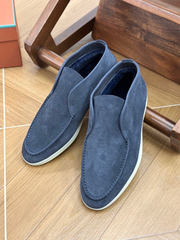 Loro Piana Men's Luxury Fur Boots in Navy Suede