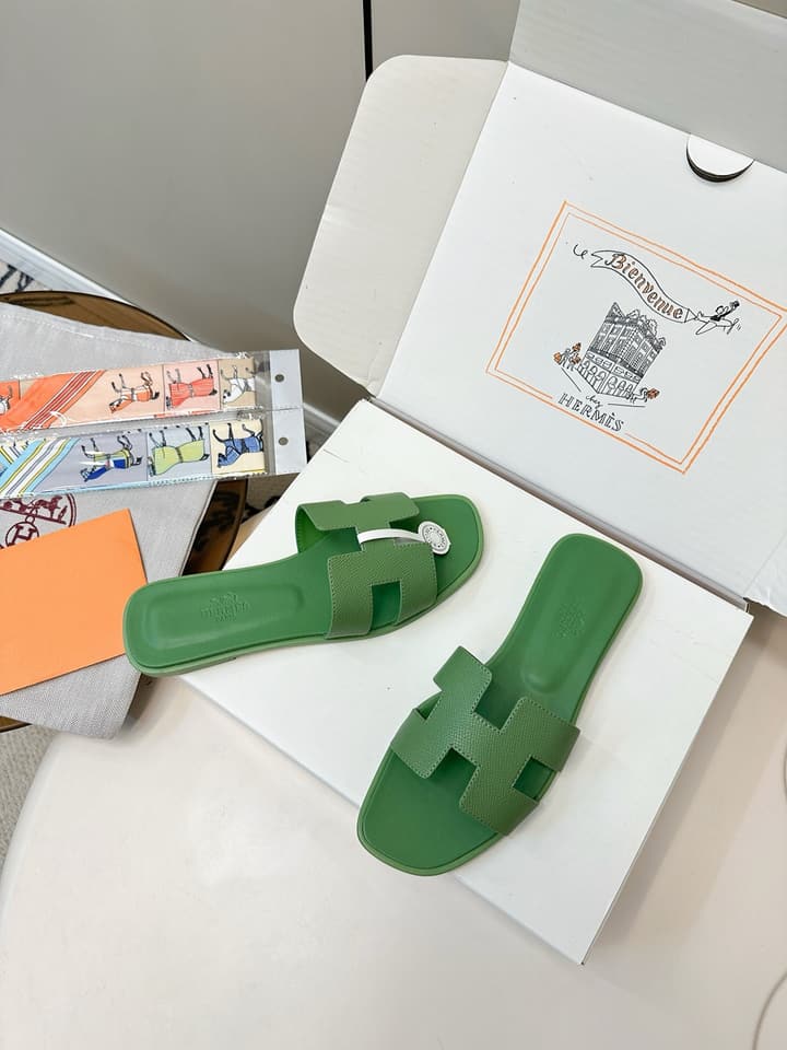 Hermès Palm Grain H-Slides in Bright Green