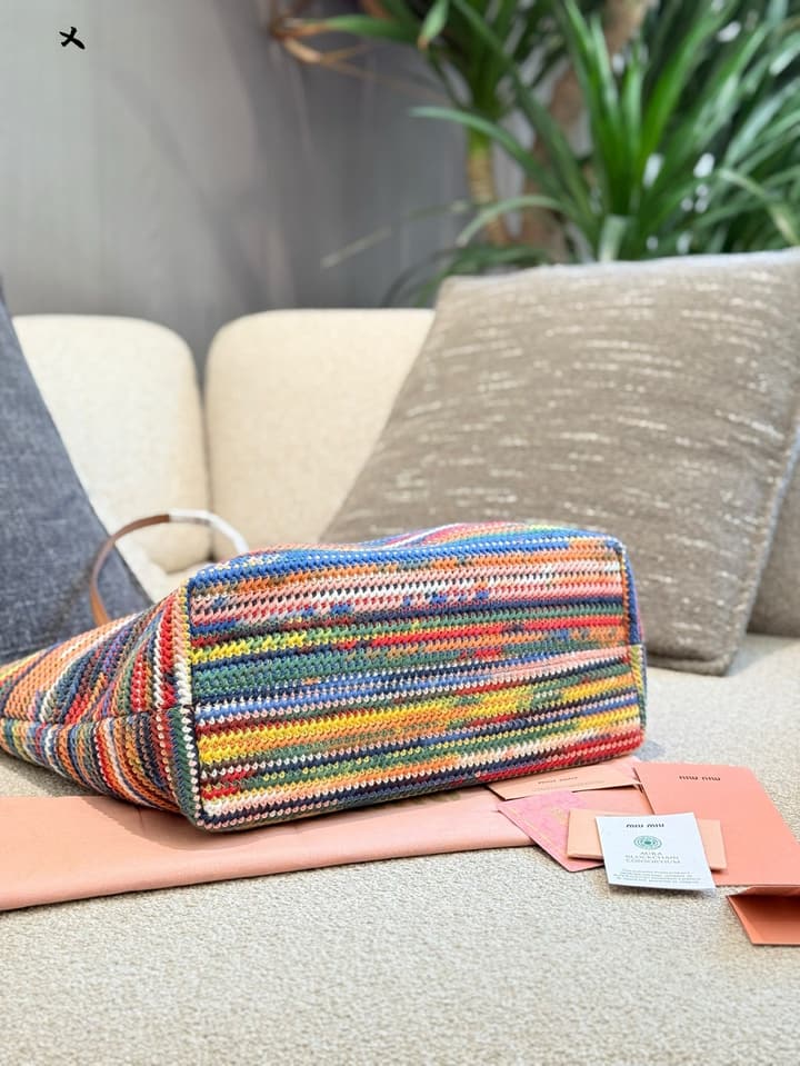 Miu Miu Rainbow Knit Crochet Tote Bag in Multi-Color Rainbow Knit