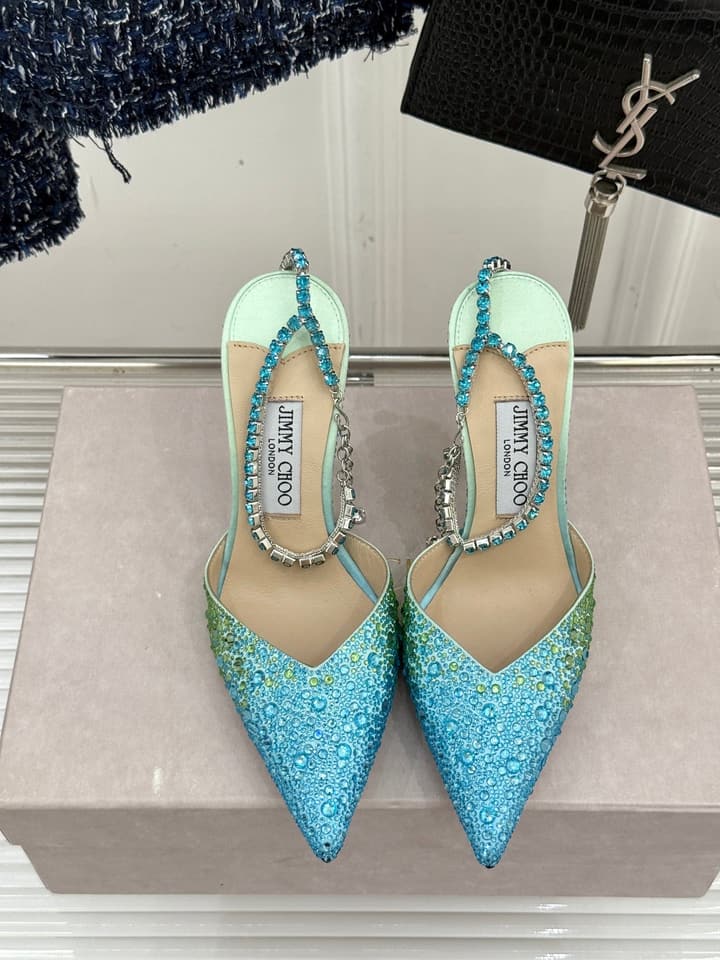 Jimmy Choo Classic Crystal Pointed High-Heeled Sandals in Lavender Yellow Ombre