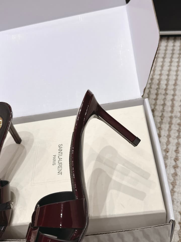 Saint Laurent Melody Square-Toe Heeled Sandals – 2026 Spring/Summer Collection in Beige Patent