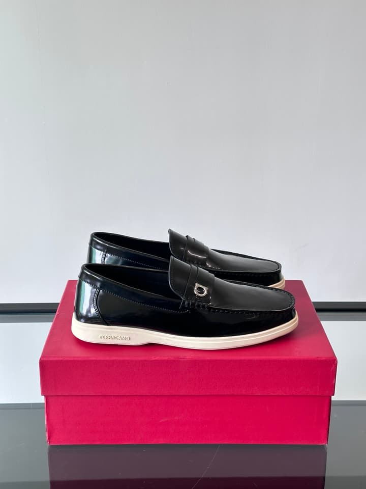 Ferragamo Men's Imported Calfskin Driving Shoes in Classic Black Leather