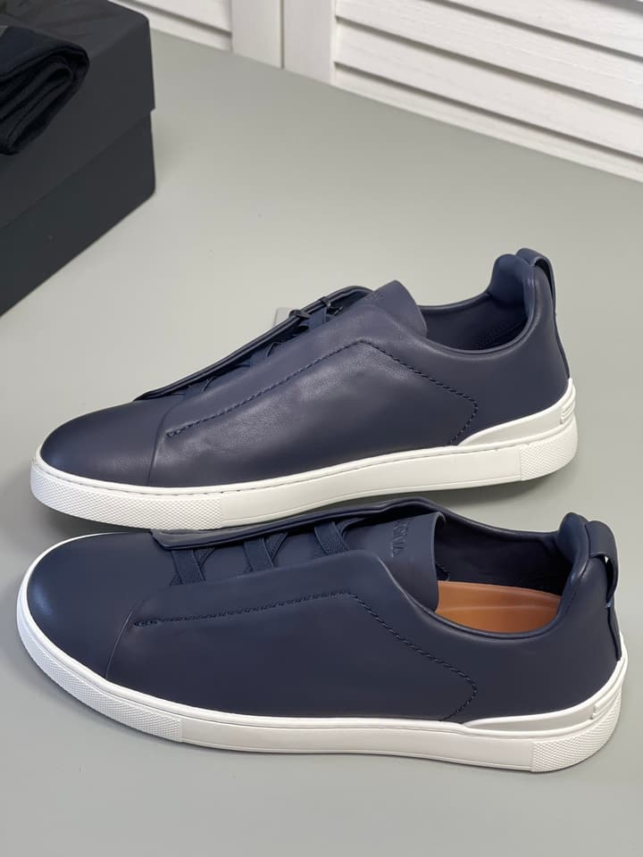 Zegna SECONDSKIN Triple Stitch Low-Top Sneakers in Navy Smooth Leather