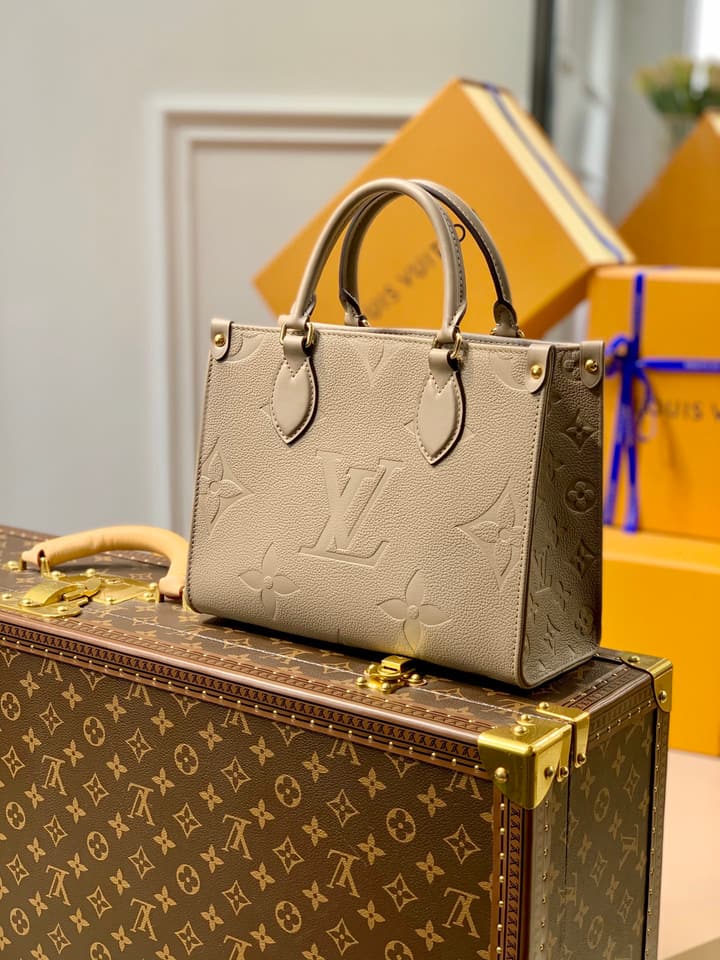 Louis Vuitton Onthego Small Tote Bag in Light Taupe Monogram Empreinte