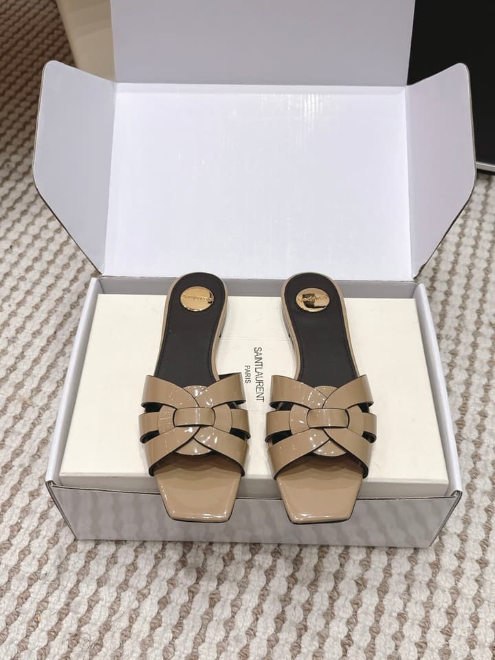 Saint Laurent Melody Square Toe Flat Sandals – 2026SS in Burgundy Patent