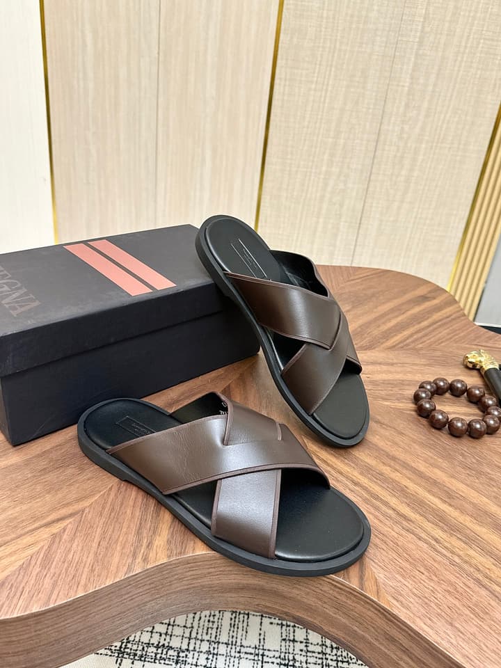 Zegna Men's Cross Strap Leather Slippers