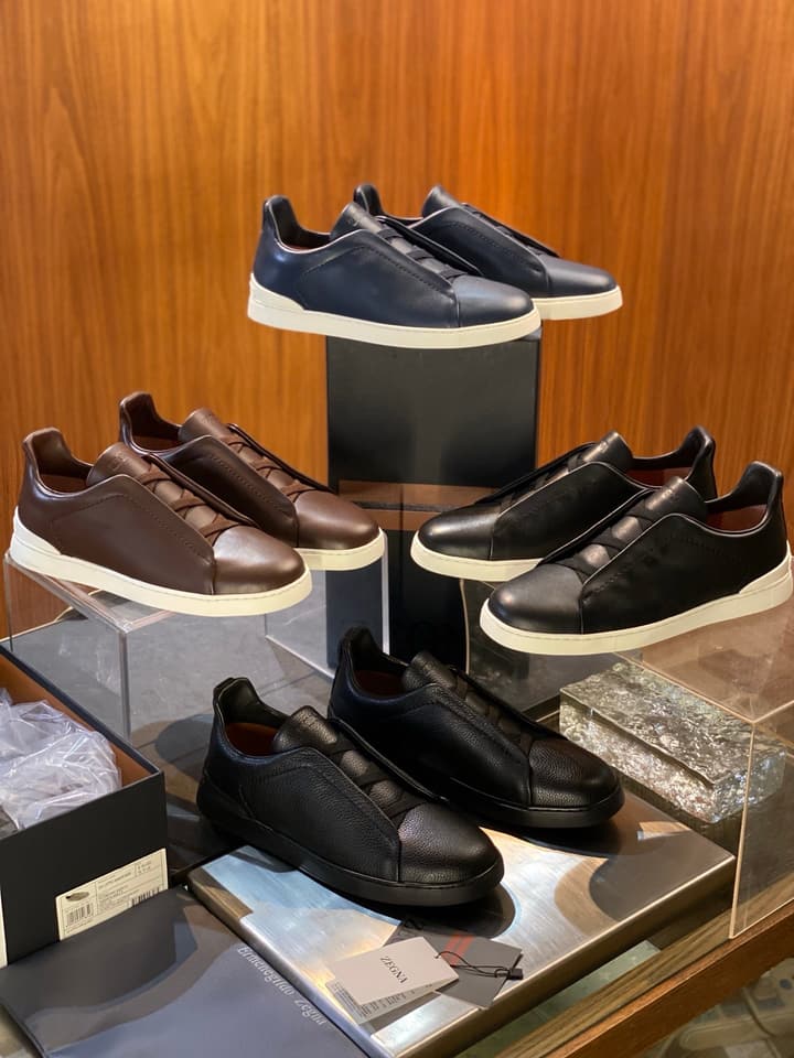 Zegna Triple Stitch Leather Sneakers in Black Smooth Leather