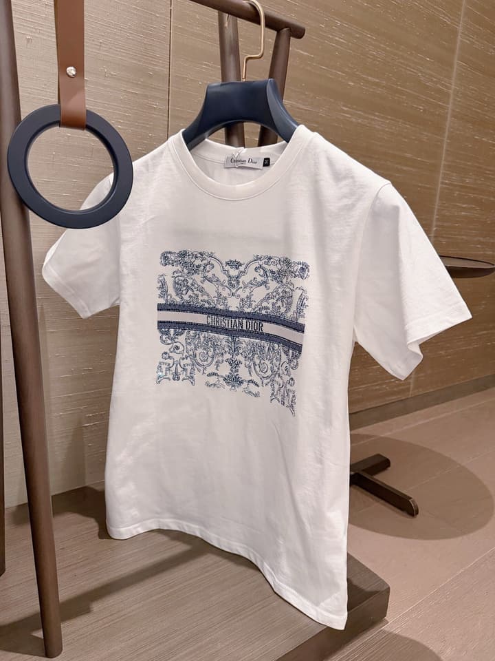 Dior Butterfly and Letter Print Rhinestone T-Shirt in White With Blue Print