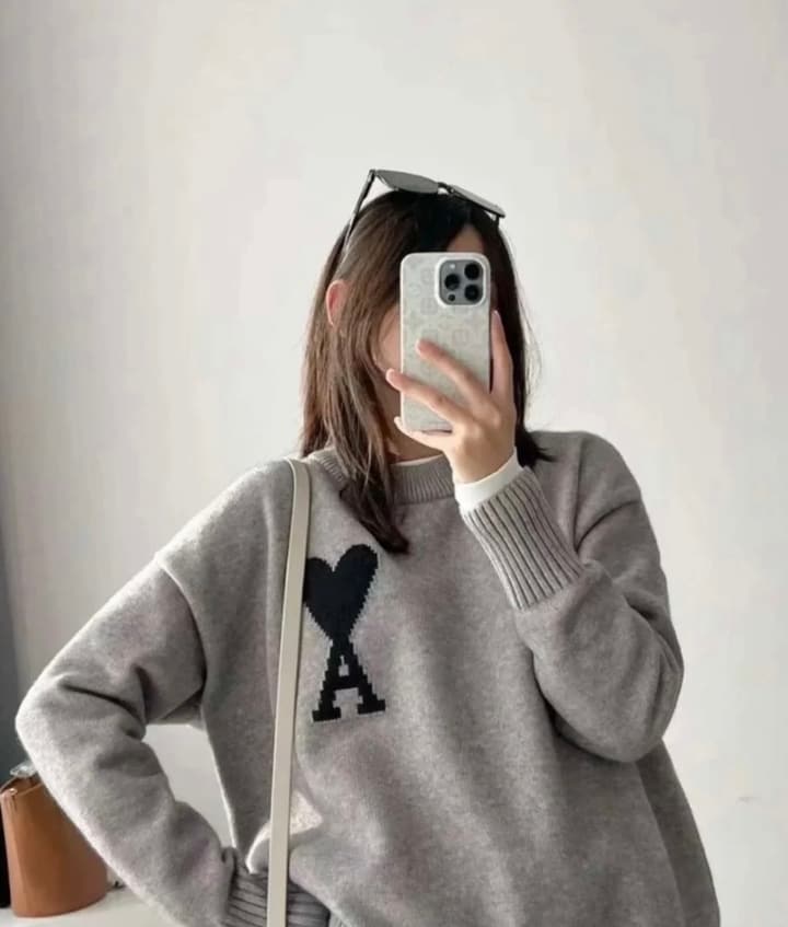 AMI Paris Heart Logo Knit Sweater in Light Gray With Black Heart