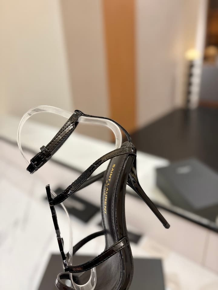 Saint Laurent YSL Logo Mirror Leather Heeled Sandals in Black With Black Logo