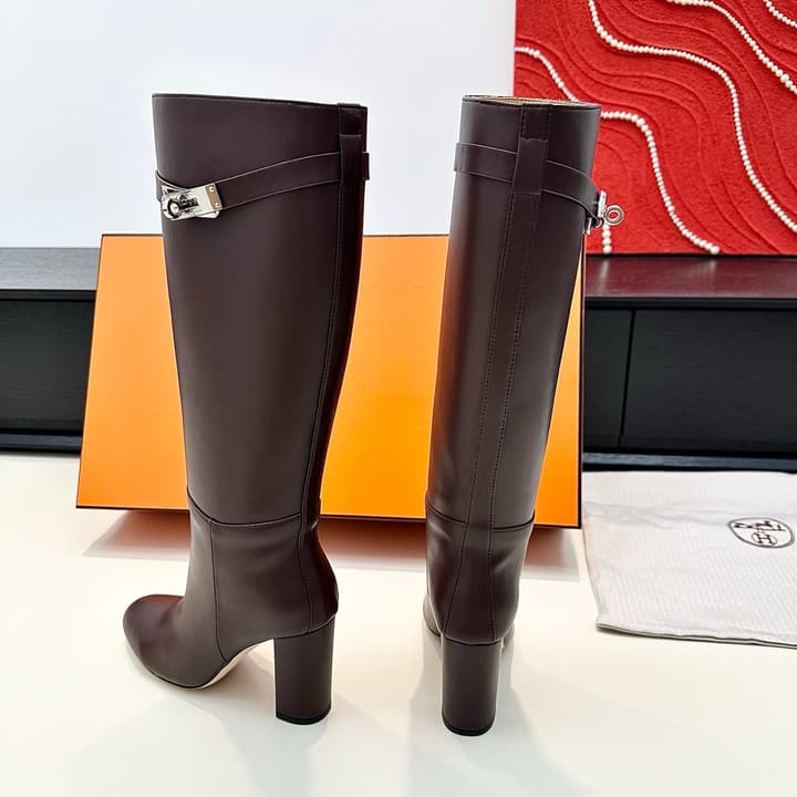 Hermès Kelly Buckle High Heel Knee-High Boots in Black Leather