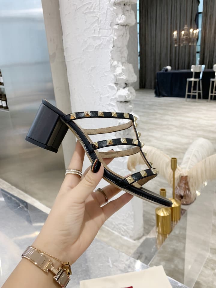 Valentino Rockstud Classic Block Heel Sandals in Nude With Gold Studs