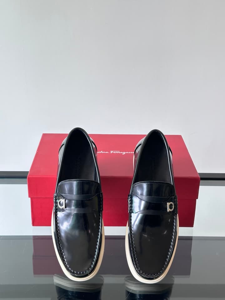 Ferragamo Men's Imported Calfskin Driving Shoes in Classic Black Leather