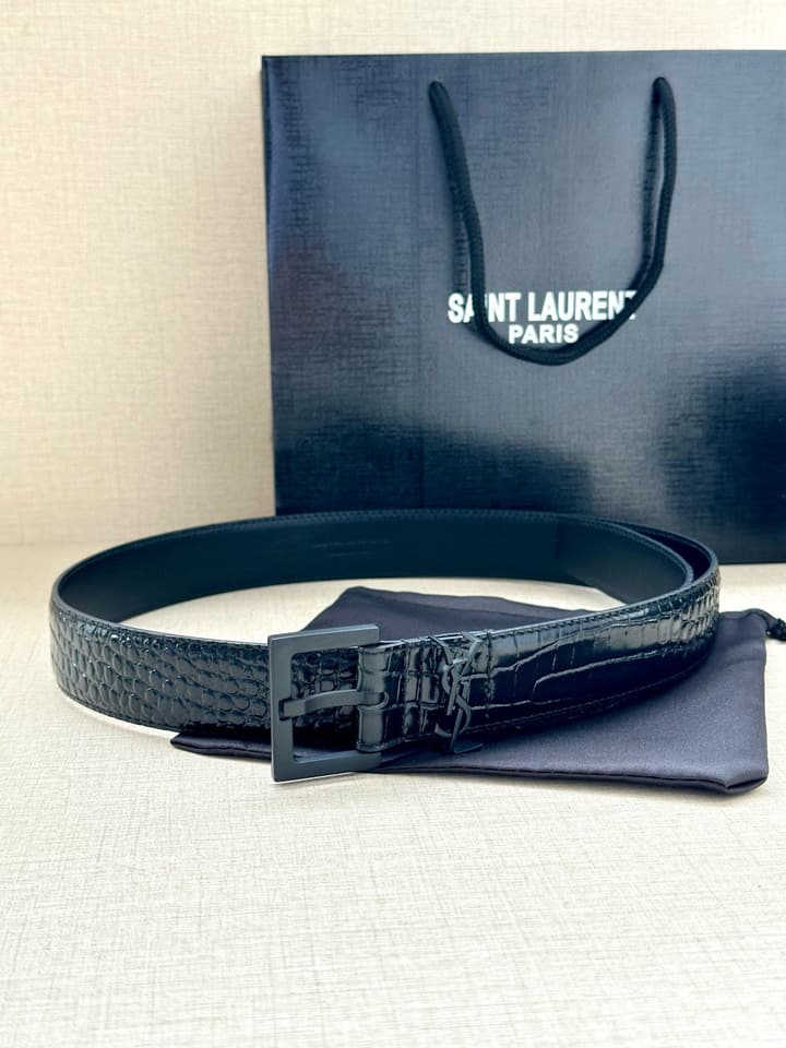 Saint Laurent Monogram Crocodile Embossed Leather Narrow Belt