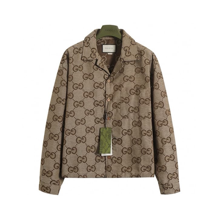 Gucci Double G Jacquard Collared Long Sleeve Shirt Jacket – 25SS in Khaki Double G Jacquard
