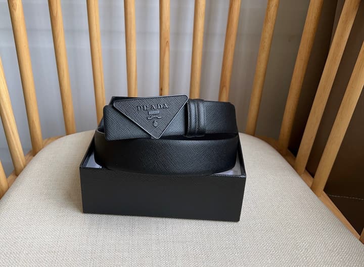 Prada Triangle Logo Buckle Belt in Black Textured Leather With Black Buckle