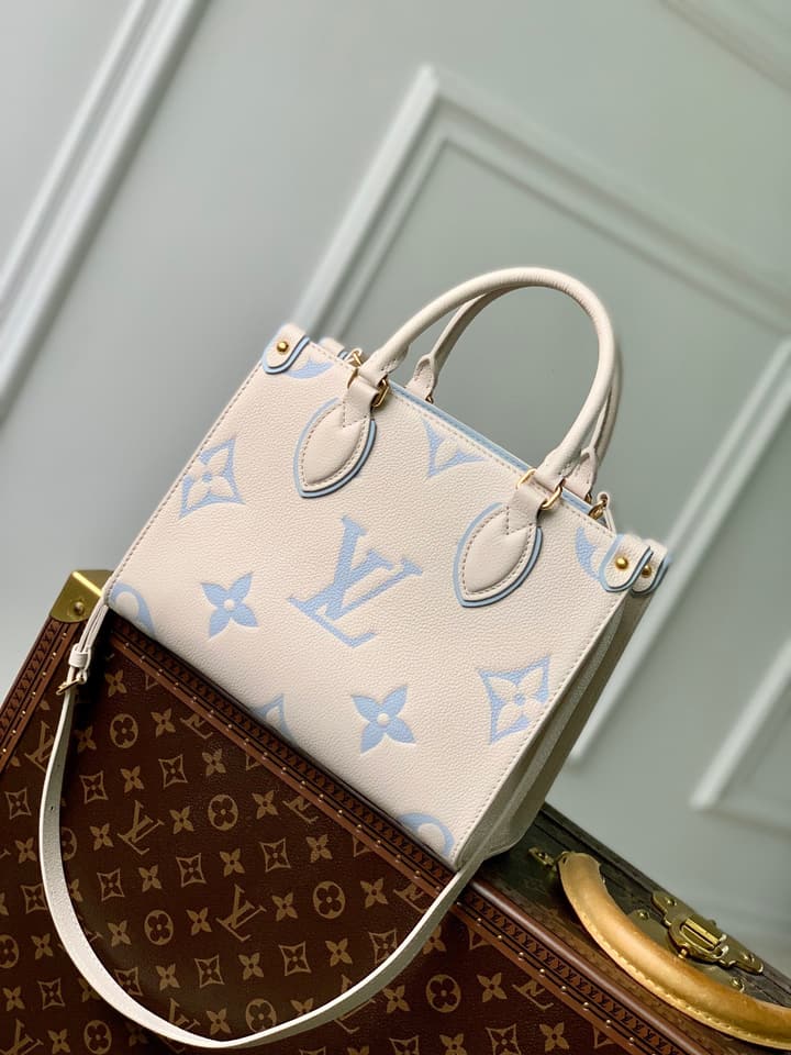 Louis Vuitton ONTHEGO Small Monogram Tote Bag in Cream With Blue Monogram